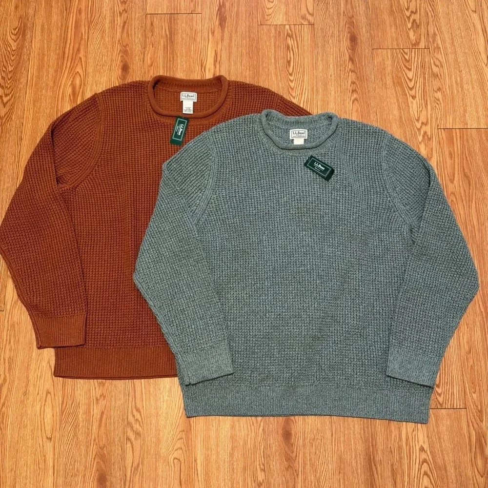 LL Bean Men's Sweater Fits XL Roll Neck Waffle Orange and Green BUNDLE NEW